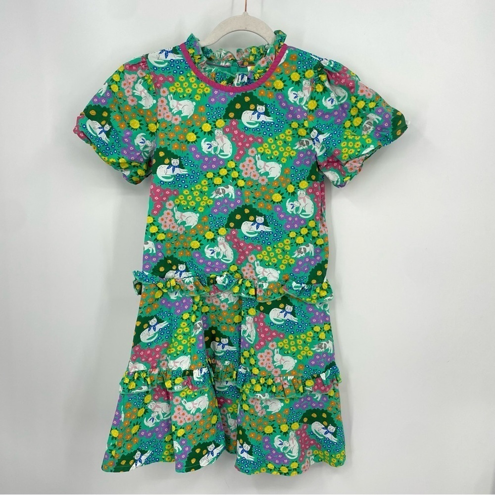 Mini Boden spring dress Colorful animal flower print, green pink bunny 11-12 yrs